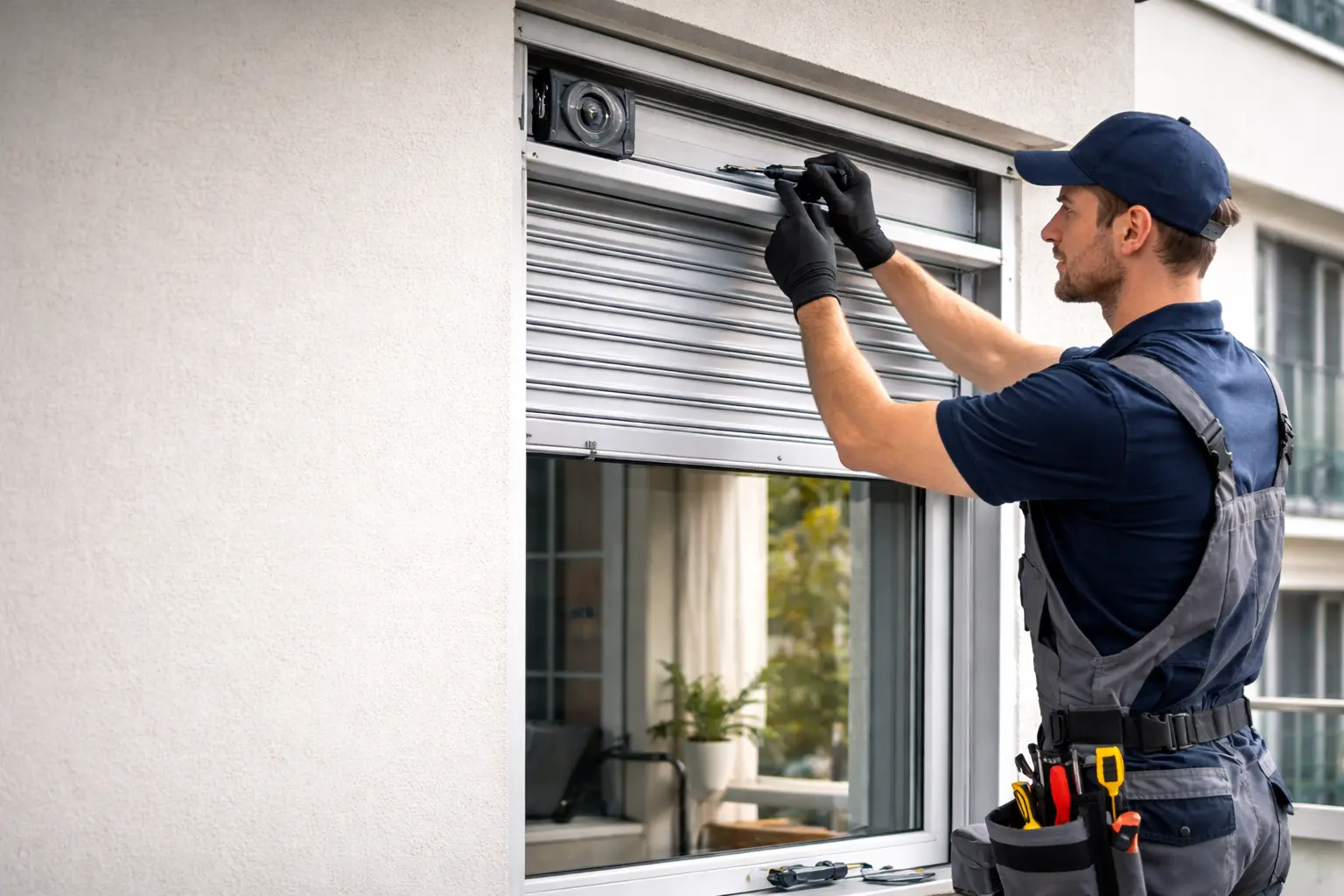 Tehnician reparând rulou exterior din aluminiu la apartament