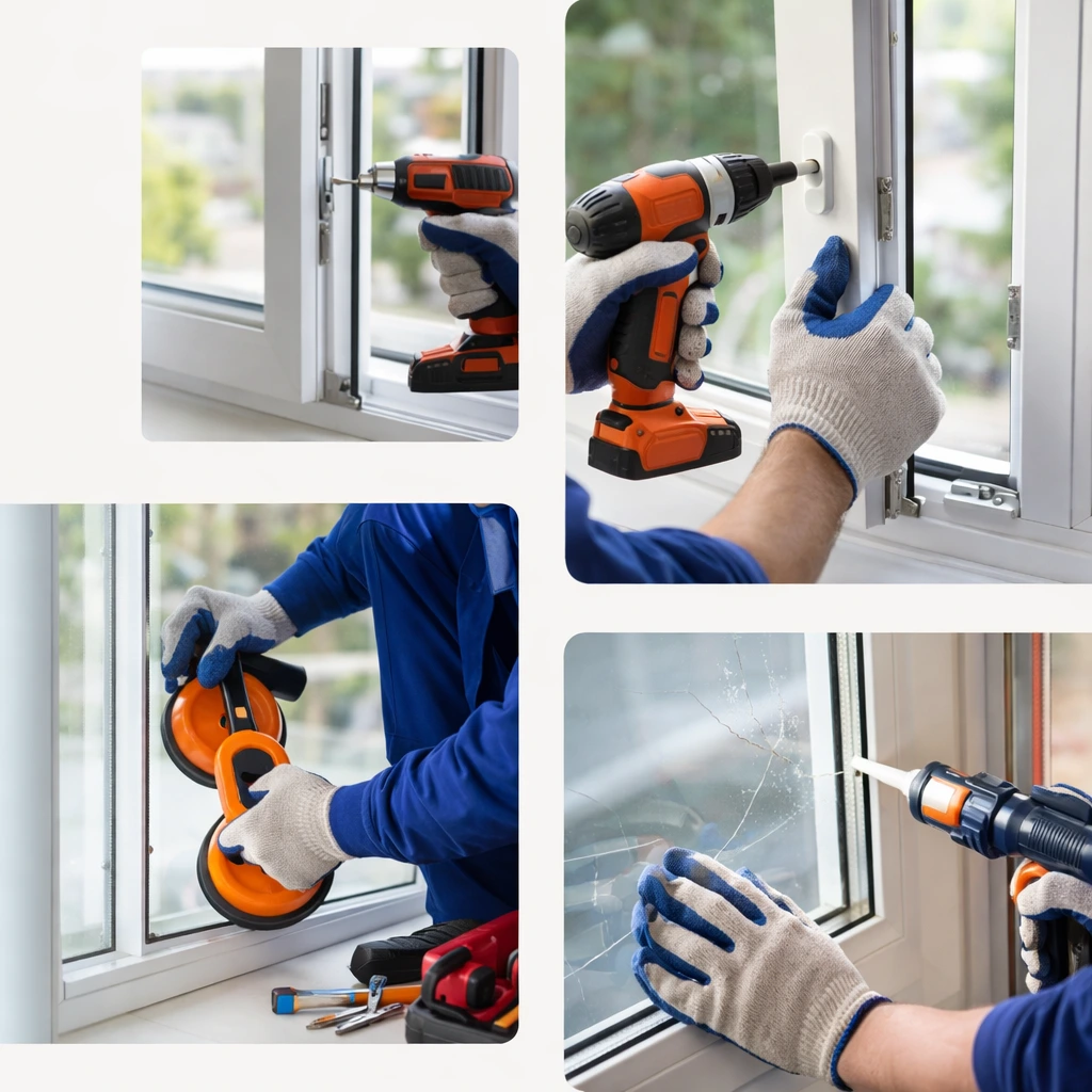 Tehnician repară termopan PVC în apartament – reglaj balamale, înlocuire sticlă spartă și reparații feronerie