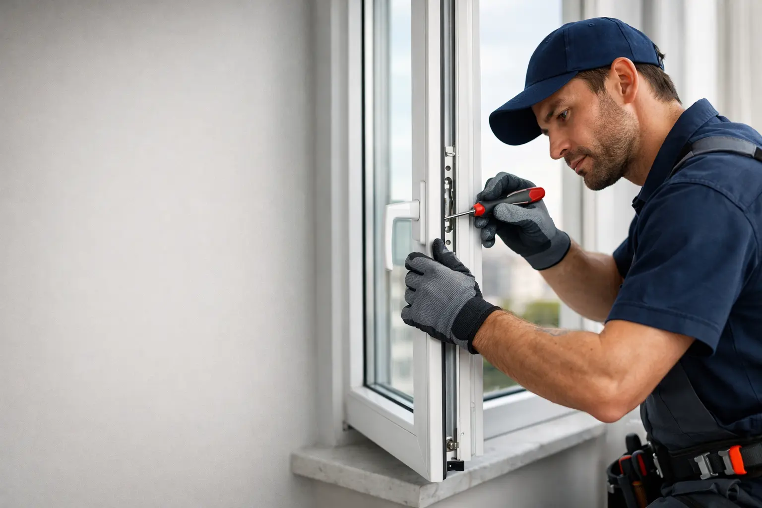 Tehnician care repară fereastră termopan PVC și aluminiu într-un apartament din București