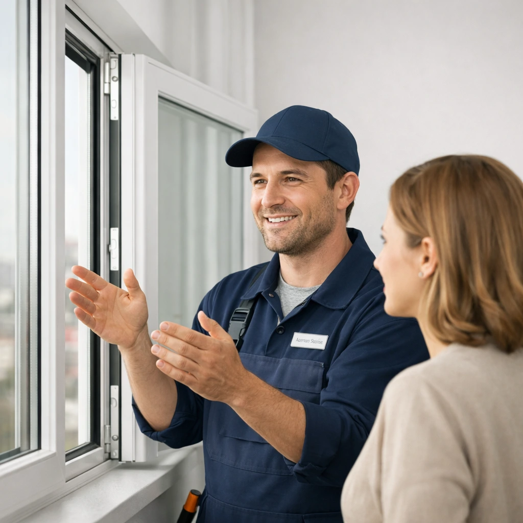 Tehnician explică componentele unui termopan PVC – balamale, feronerie și sistem de etanșare în apartament