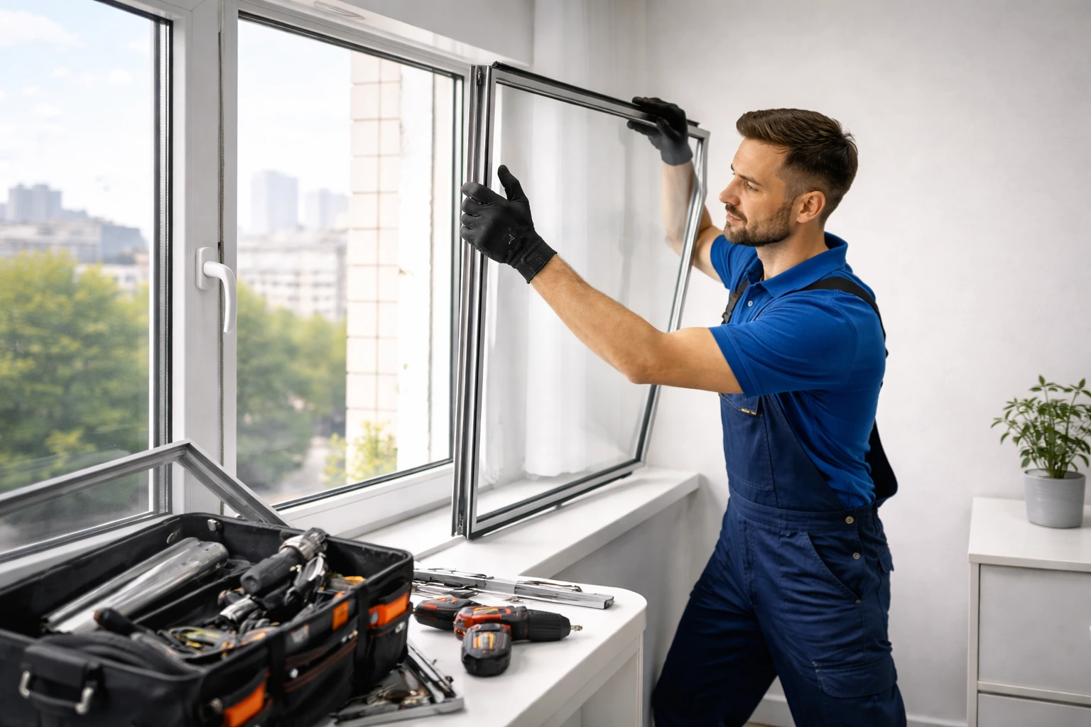 Tehnician înlocuiește pachet de sticlă termopan într-un apartament modern din București