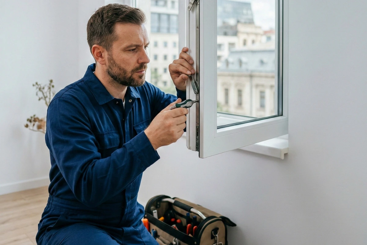 Tehnician repară mecanism feronerie termopan PVC într-un apartament din București