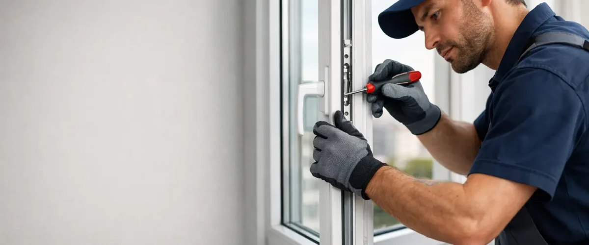 Tehnician care repară fereastră termopan PVC și aluminiu într-un apartament din București